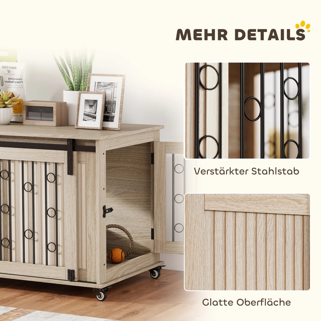 Gabbia per cani da interno in legno e acciaio con ruote e porta scorrevole, mobile cuccia spazioso e robusto per casa, 100 x 56 x 65 cm