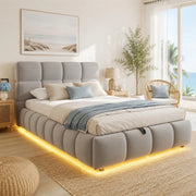 Letto imbottito 90x200 cm con contenitore idraulico e LED in velluto grigio