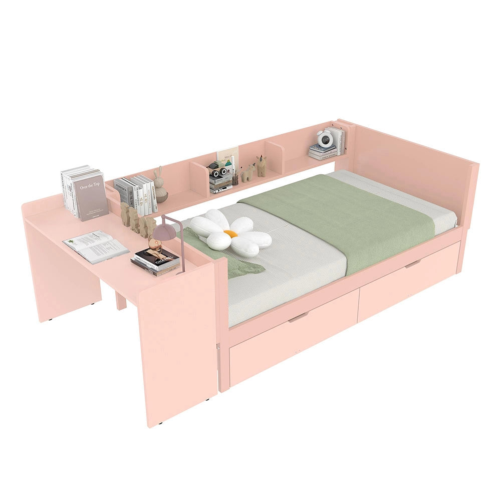 Letto singolo-Xylo-90x200 cm-con scrivania, 2 cassetti, scaffali, pino, rosa