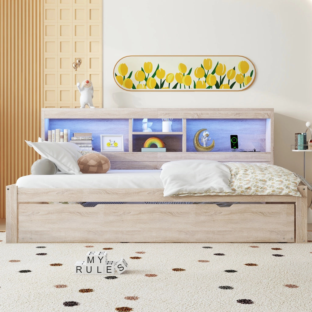 Letto estraibile singolo 90×200 cm con LED; vano laterale; prese e USB; senza materasso; naturale