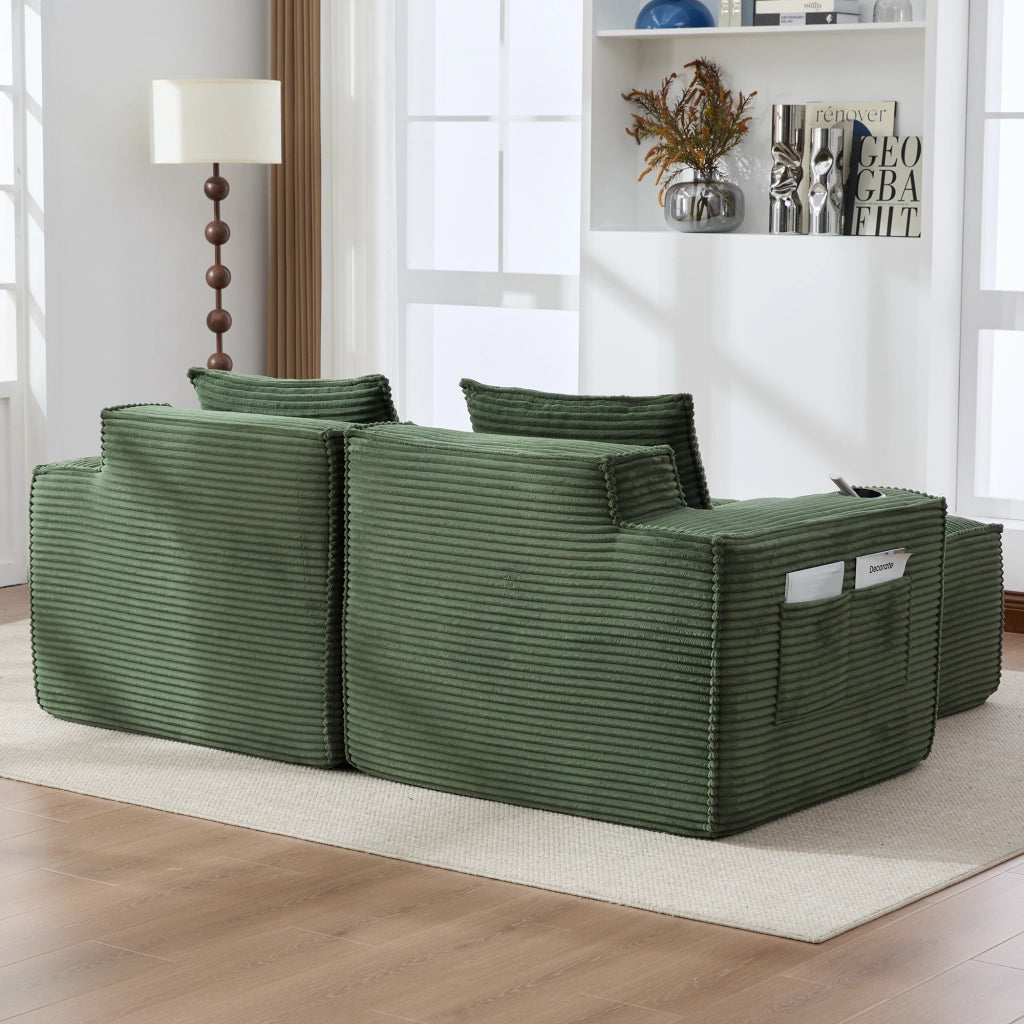 Divano modulare 2 posti con pouf, porta bicchieri e tasche laterali, verde