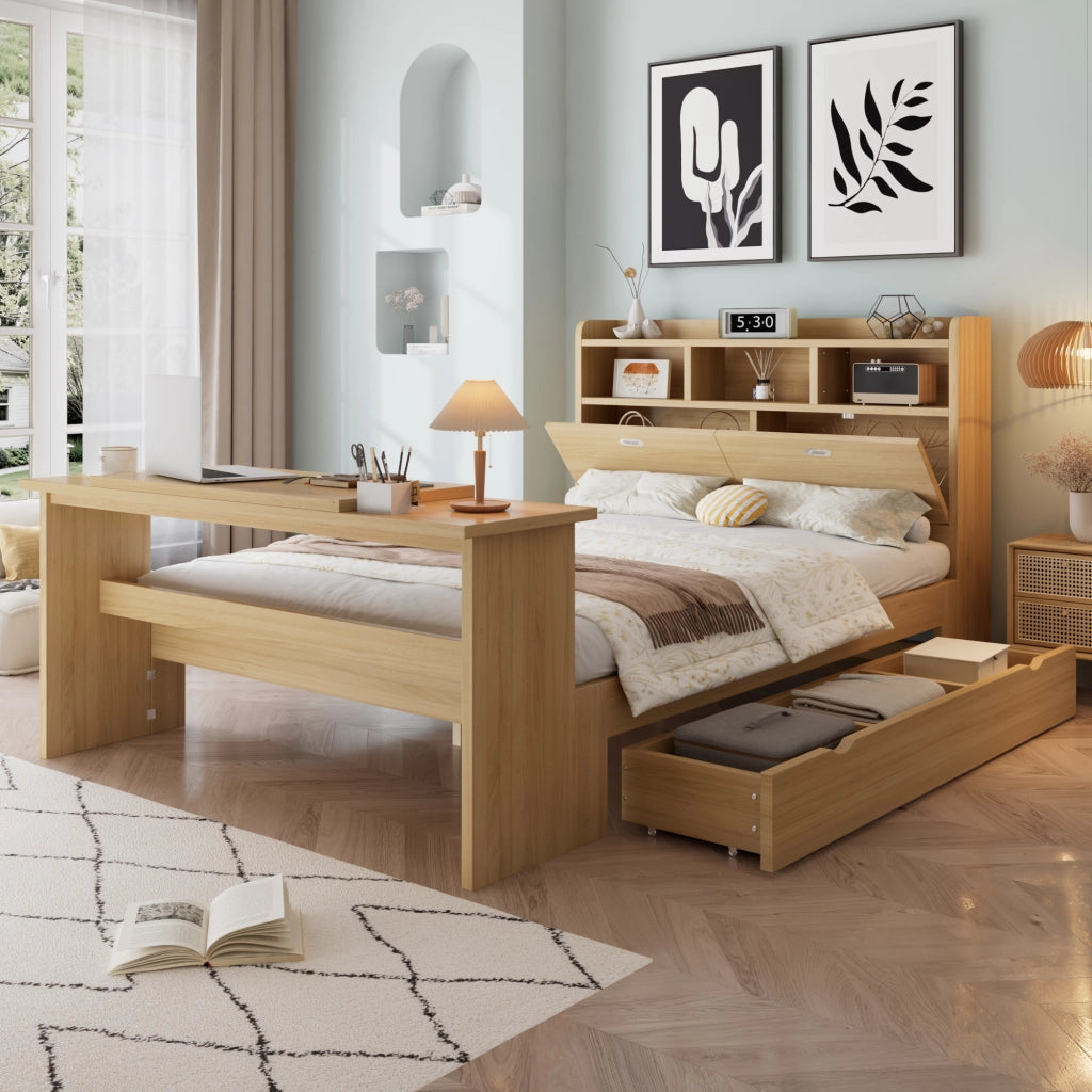 Letto una piazza e mezza 140×200 cm con cassetto; ripiani e tavolo pieghevole regolabile; senza materasso