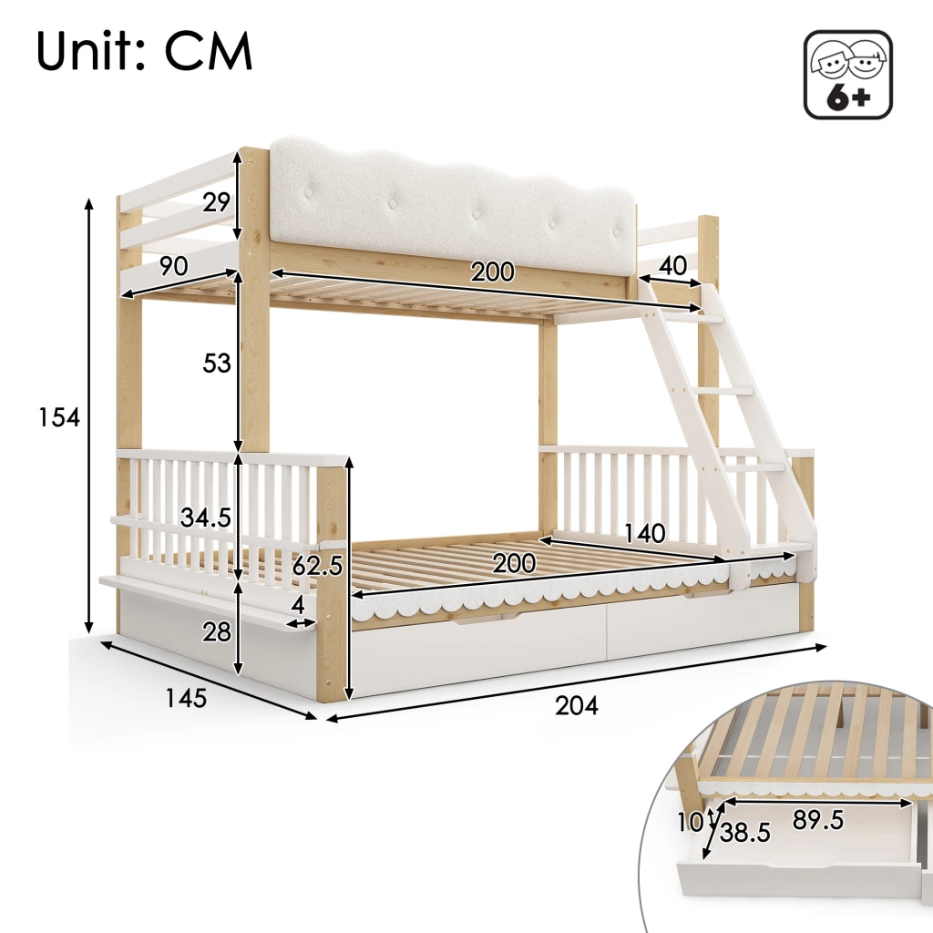 Letto a Castello 90 x 200 cm e 140 x 200 cm; 3 Posti con 2 Cassetti e Portariviste
