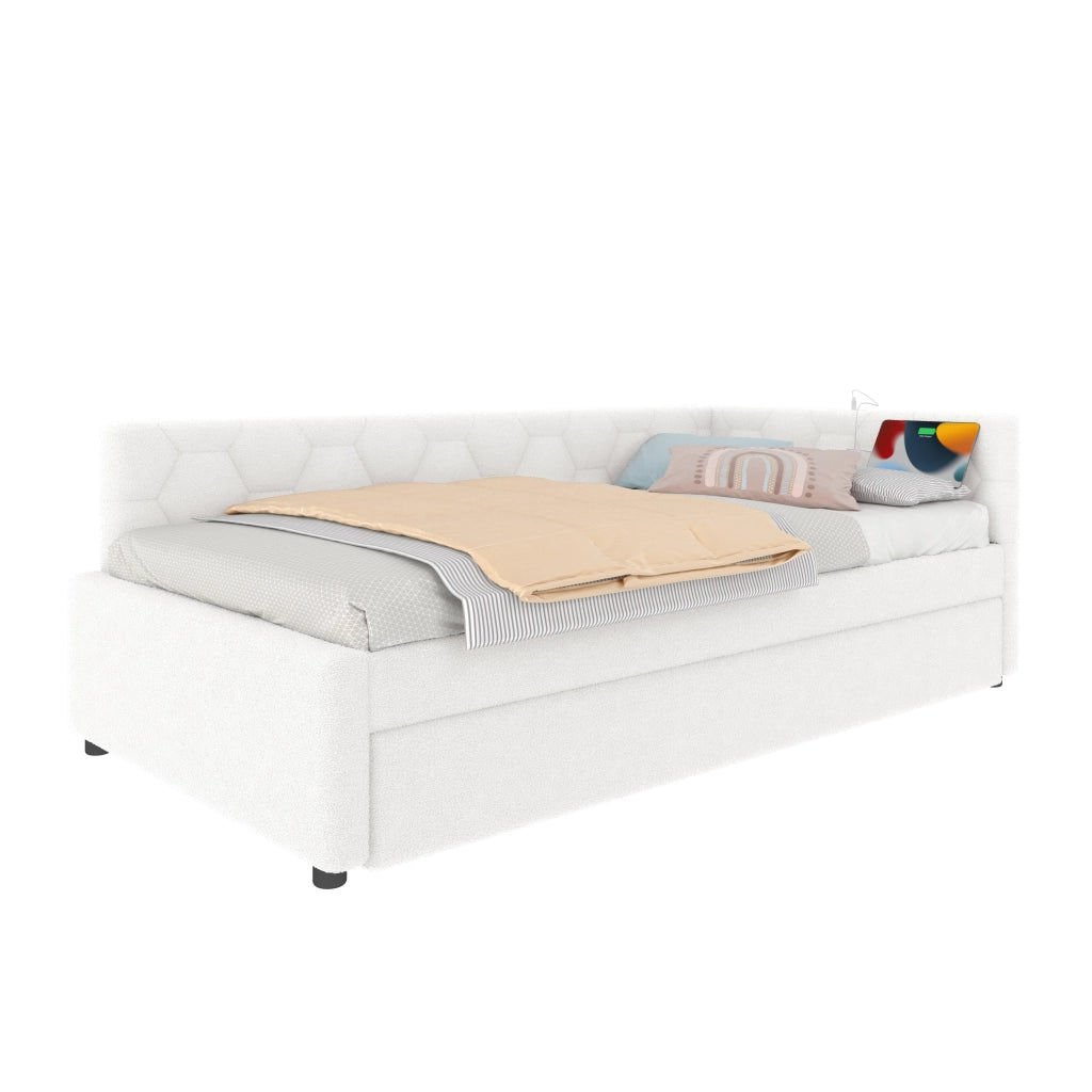 Letto divano singolo 90 × 200 cm con letto estraibile; USB; tipo C e lampada; senza materasso; bouclé bianco