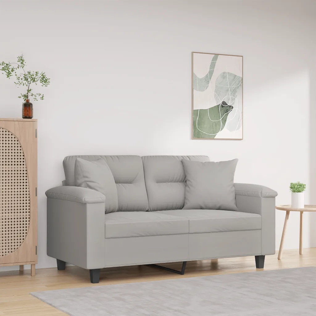 Divano 2 Posti Cuscini Grigio Chiaro 120 cm Tessuto Microfibra