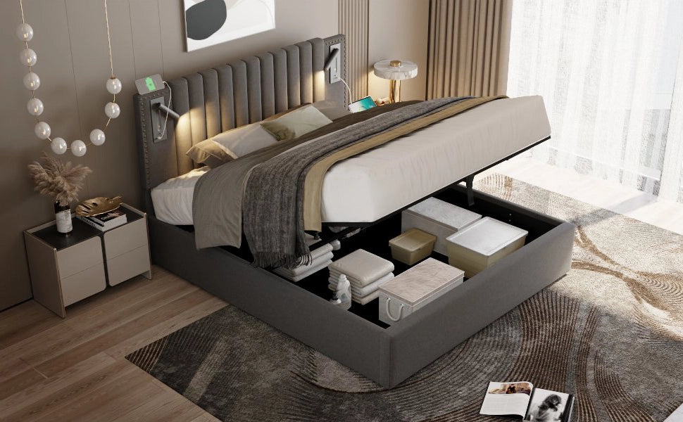 Letto matrimoniale contenitore 160 × 200 cm in cotone grigio con testiera regolabile luci USB e doghe