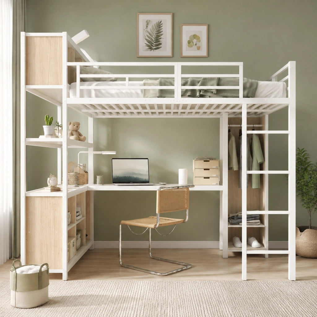 Letto a soppalco 140 × 200 cm con scrivania armadio e vani contenitore in ferro e truciolare