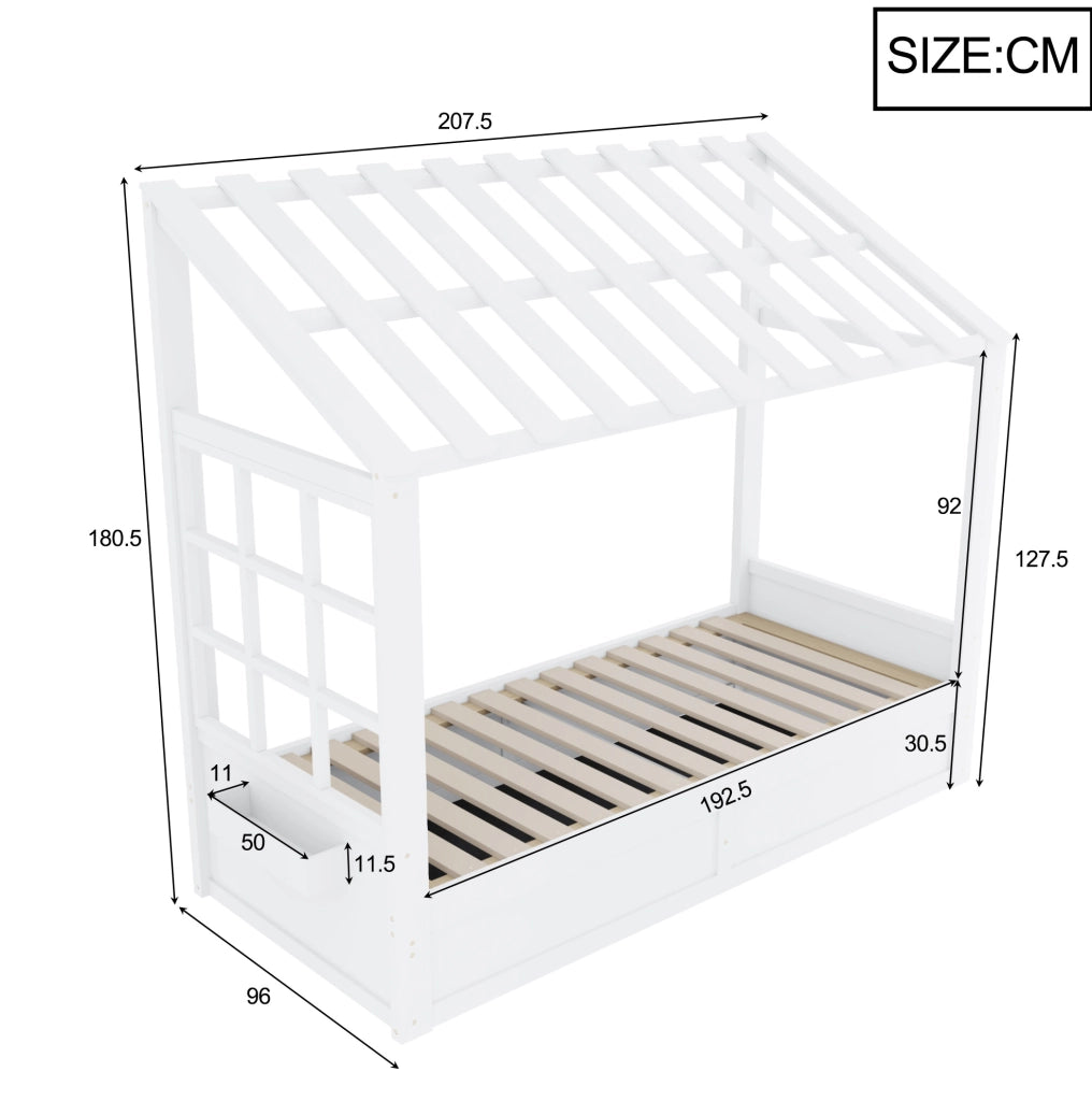 Letto a forma di casa ULEVR 90x200 cm con contenitore idraulico e vani laterali, bianco