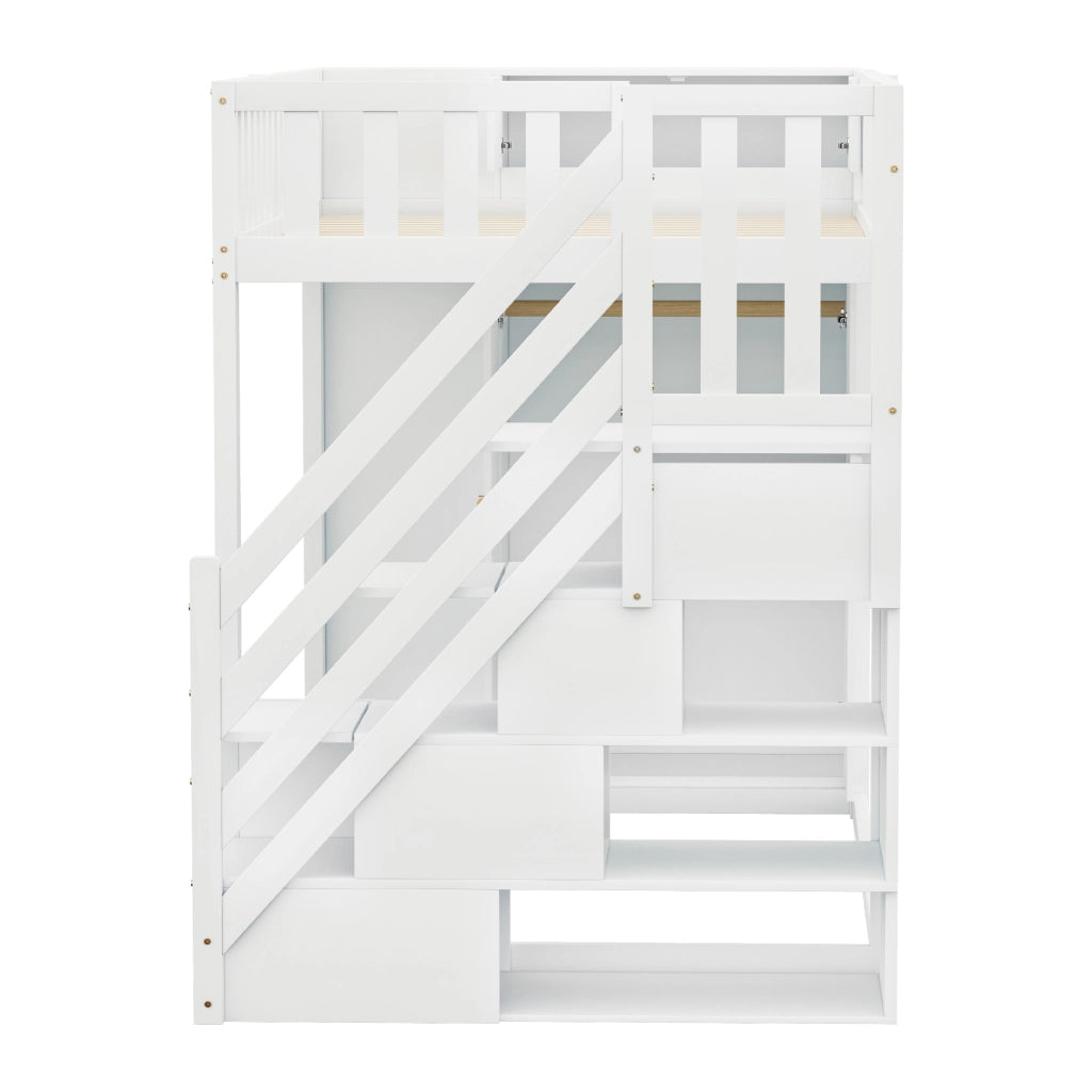 Letto a Soppalco 90x200 cm con Armadio, Mensole e Scala con Ripiani, Bianco