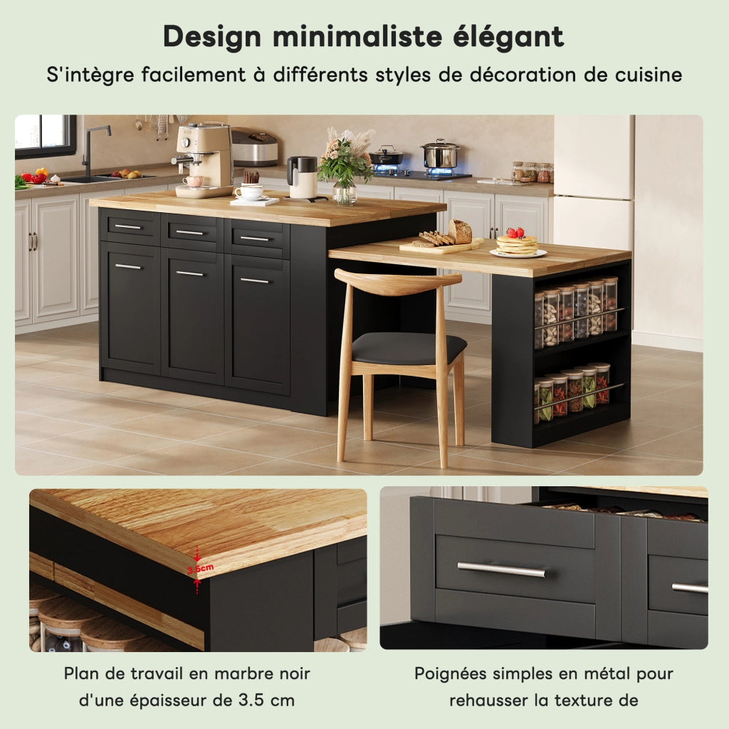 Isola da cucina con tavolo estraibile e contenitori in MDF naturale e nero 150 × 90 × 90 cm
