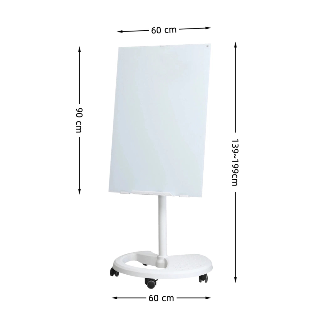 Lavagna magnetica in vetro temperato 90x60 cm con altezza e inclinazione regolabili, superficie cancellabile a secco, base ABS con ruote bloccabili, bianca
