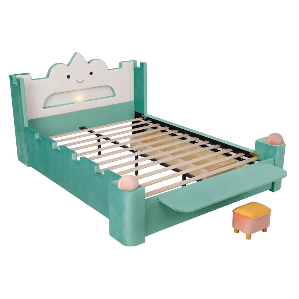Letto per bambini imbottito 140 × 200 cm con lampada LED USB cassetto reversibile e ripiano pieghevole blu verde