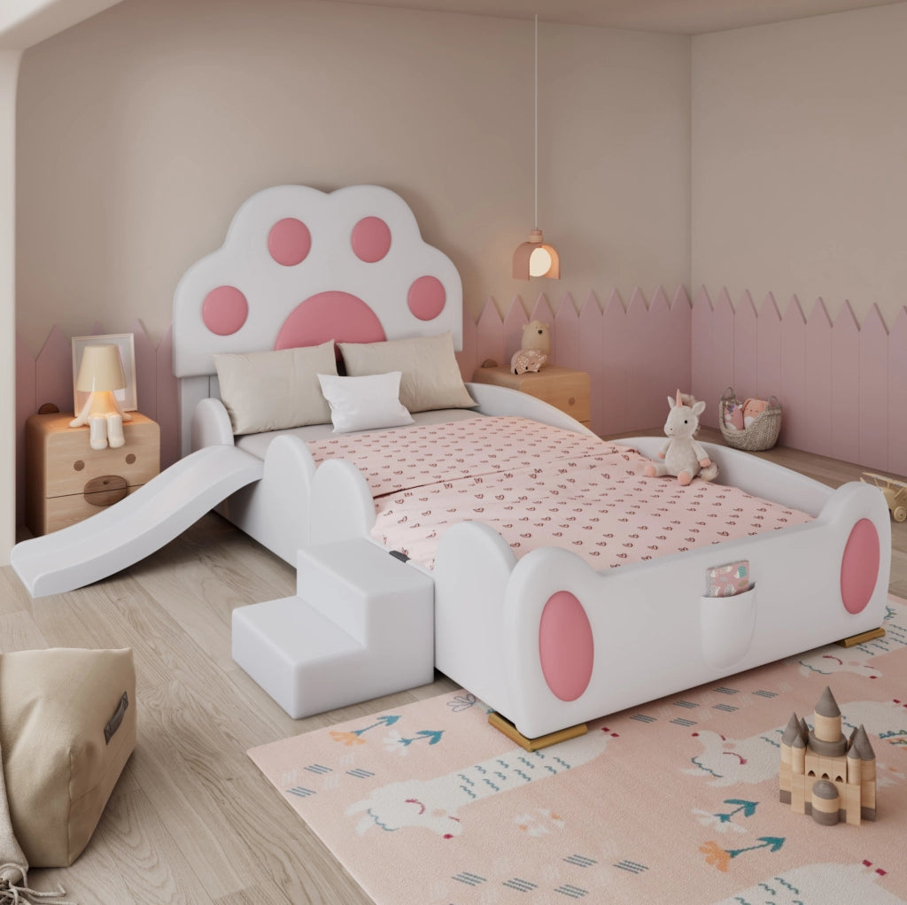 Letto imbottito per bambini 90x200 cm con scivolo e scala in PU bianco e rosa