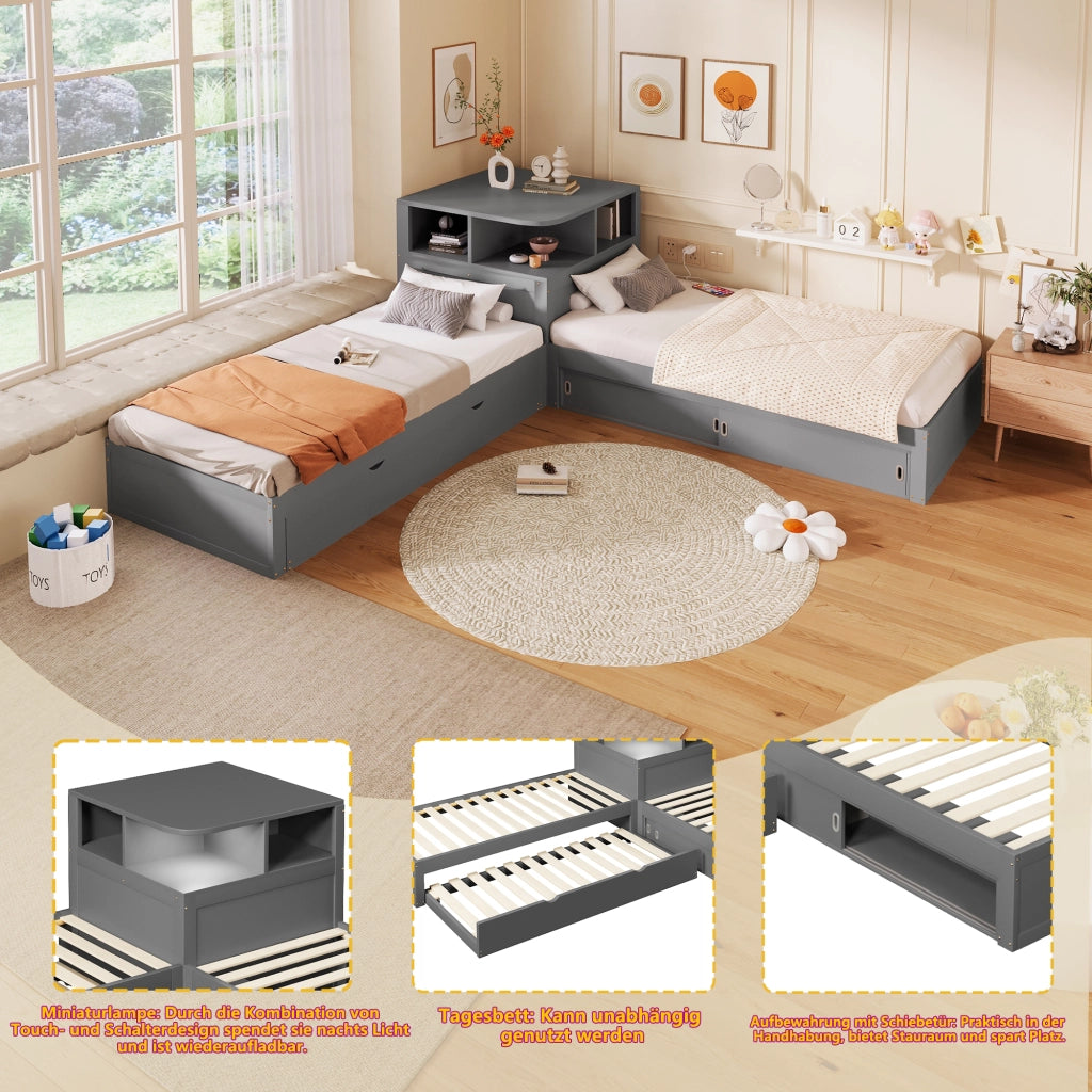 Letto a piattaforma a L 90x200 cm con letto estraibile e contenitore con porta scorrevole, luce notturna inclusa, Grigio