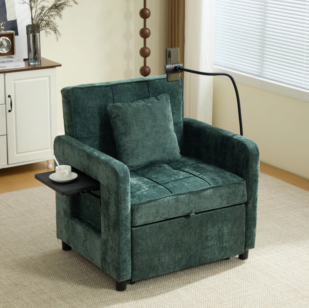 Poltrona letto 2-in-1 in chenille verde con cuscino, tasche laterali e tavolino integrato