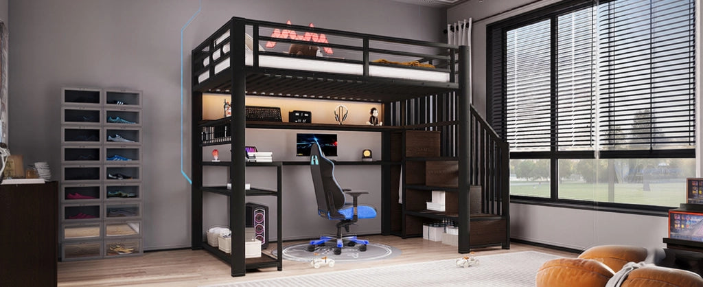 Letto a soppalco in metallo 90x200 cm con LED RGB, armadio, scrivania e spazio contenitivo, nero