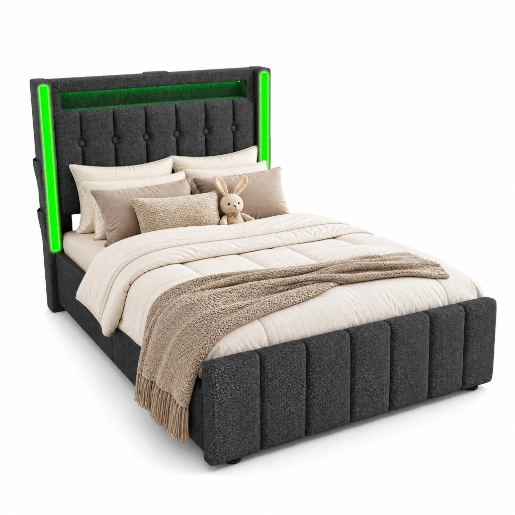 Letto singolo 90x200 cm in grigio con LED, USB, 2 cassetti e materasso incluso
