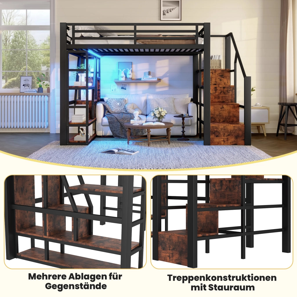 Letto a soppalco 140x200 cm con LED; scala con contenitore e ripiani; metallo e MDF nero
