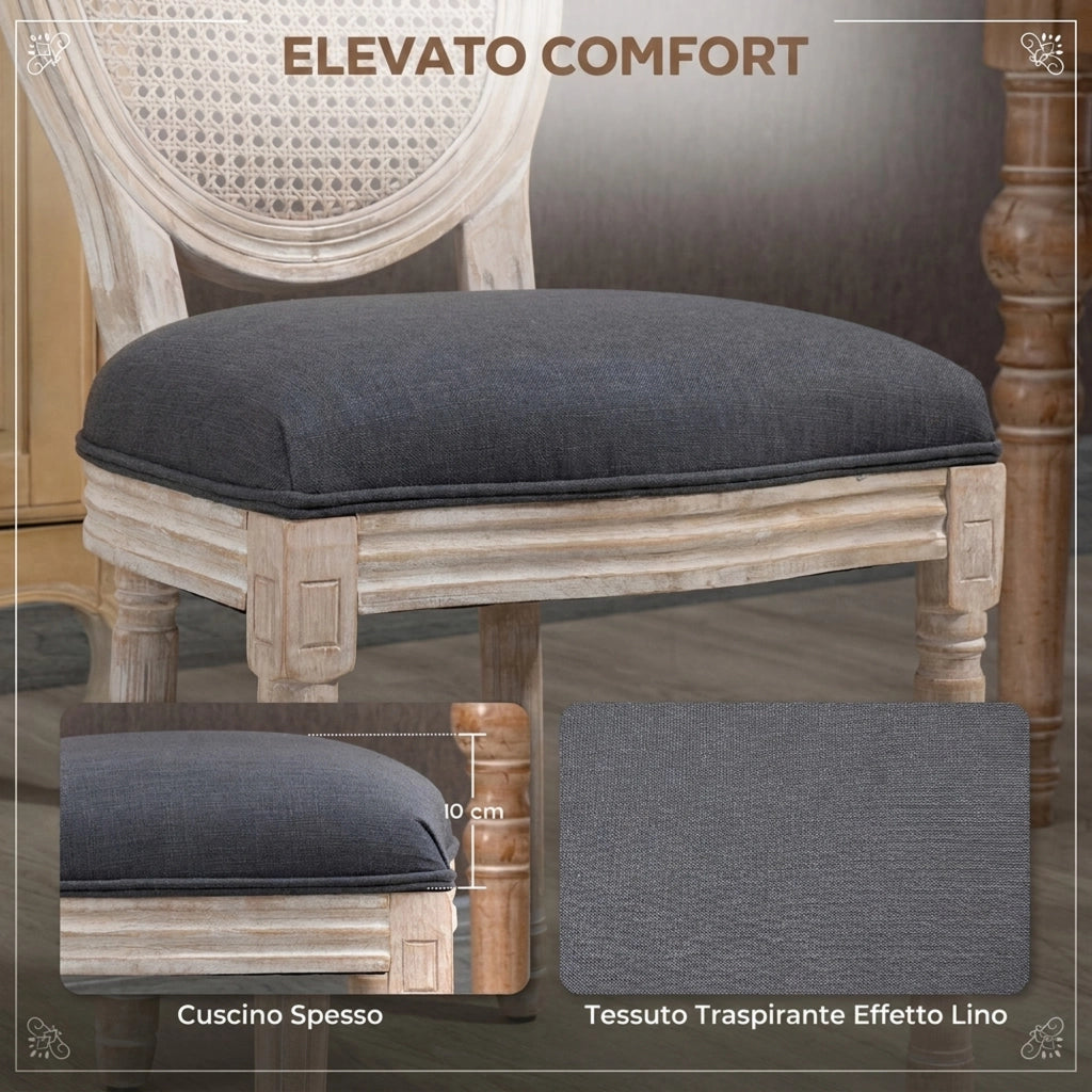 Set 2 Sedie Sala da Pranzo 49x56x96 cm con Schienale in Rattan Traforato Gambe in Legno in Tessuto Effetto Lino Grigio