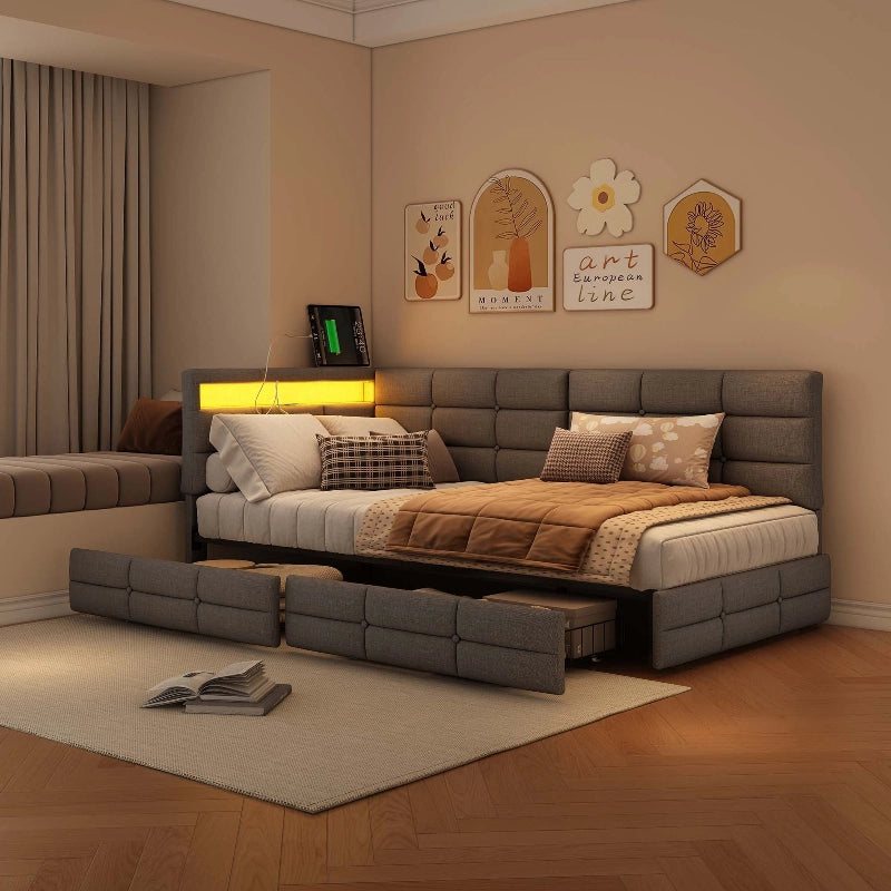 Divano letto multifunzionale 90x200 cm; letto imbottito a L con LED e USB; Letto Singolo con Rete a doghe e Testiera con Contenitore; Lino Grigio
