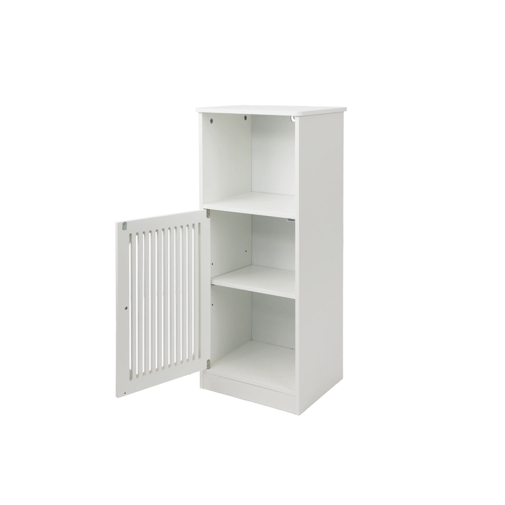 Mobile bagno con anta a lamelle e vani aperti; ripiani e spazio contenitore per bagno; in MDF e truciolare; bianco