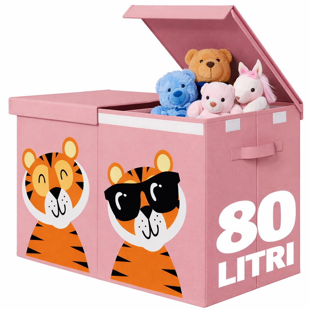Contenitore Box 2 Scomparti Porta Giocattoli Pieghevole con Coperchio 80LT Organizer Rosa