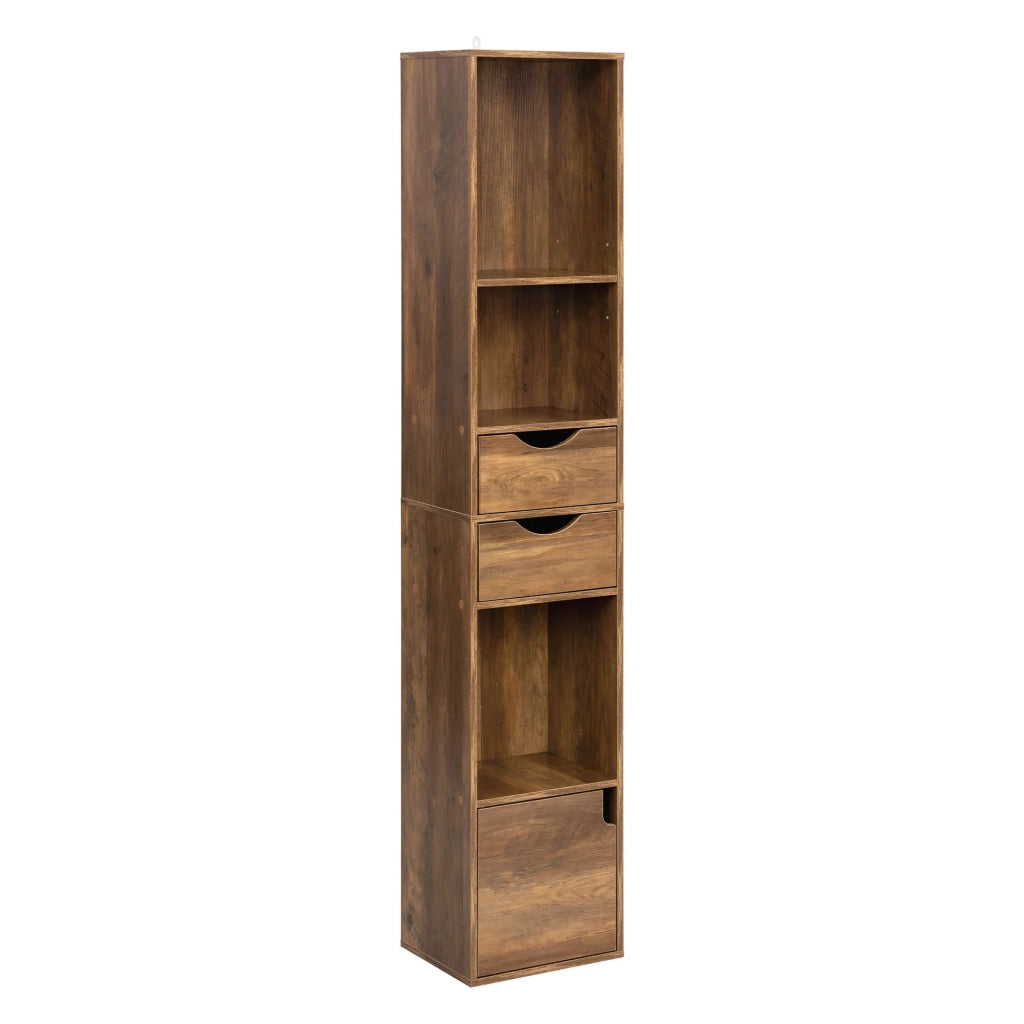 Libreria stretta con 3 vani, 2 cassetti e anta, ripiani regolabili, legno ingegnerizzato marrone, 30 × 24 × 157,5 cm