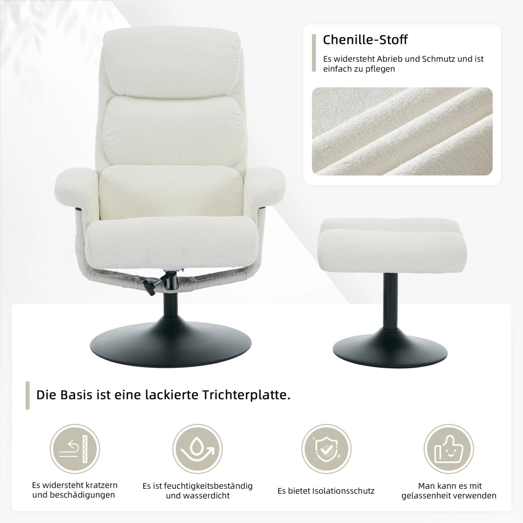 Poltrona relax - con massaggio 5 punti; riscaldamento e pouf - in chenille - bianco