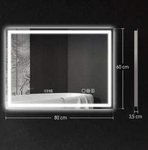 Specchio da bagno LED 80x60 cm con Bluetooth, orologio, 3 modalità di luce e funzione antiappannamento, argento
