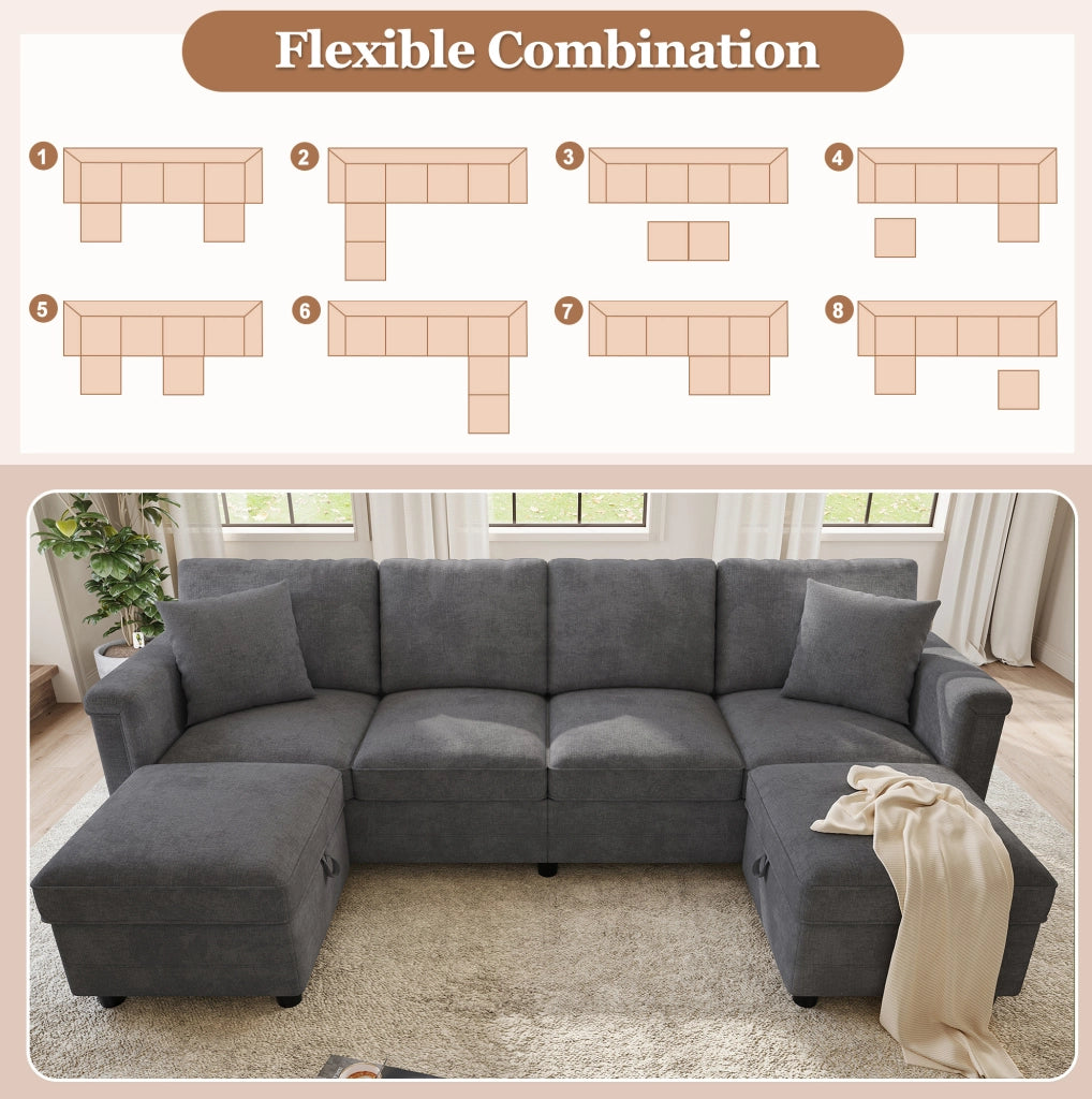 Divano modulare grigio in tessuto Chenille con 2 pouf contenitori e 2 cuscini decorativi, 261×134×82 cm
