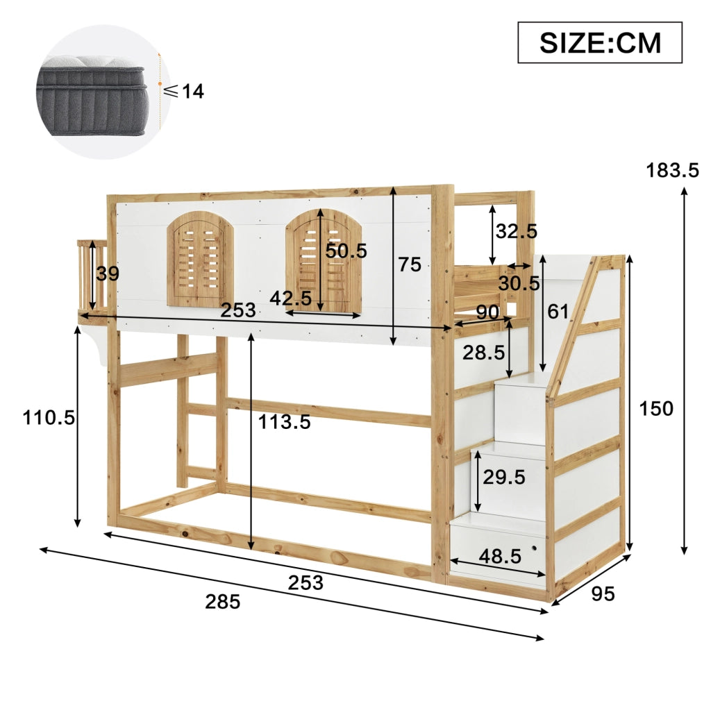 Letto a soppalco 90x200 cm con scala contenitore e spazio gioco, bianco naturale