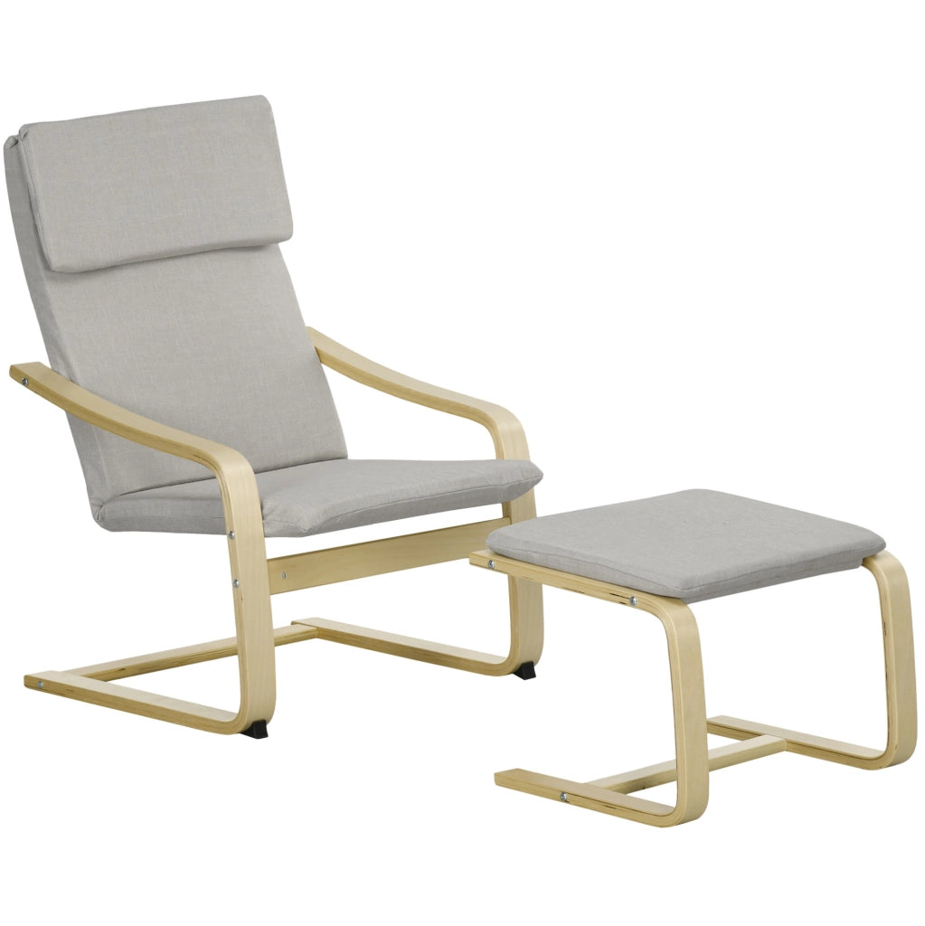 Set di 2 Poltrone Lounge con Poggiapiedi, Braccioli e Poggiatesta in Tessuto Lino, Struttura in Eucalipto, Grigio Chiaro 66,5x80x99 cm