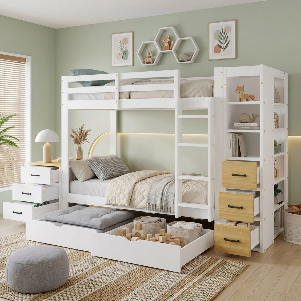 Letto a castello 90x200 cm in legno massello e MDF con cassetti e scaffale laterale; bianco e naturale