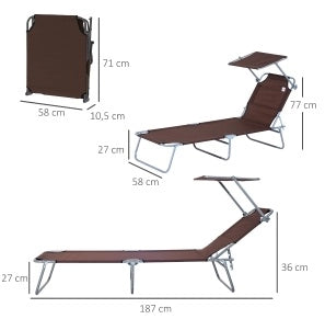 Sdraio da giardino pieghevole con tettuccio parasole marrone 187x58x36 cm per terrazza e balcone
