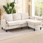 Divano angolare 202x137x80 cm in lino beige con pouf, USB, USB-C e portabicchieri