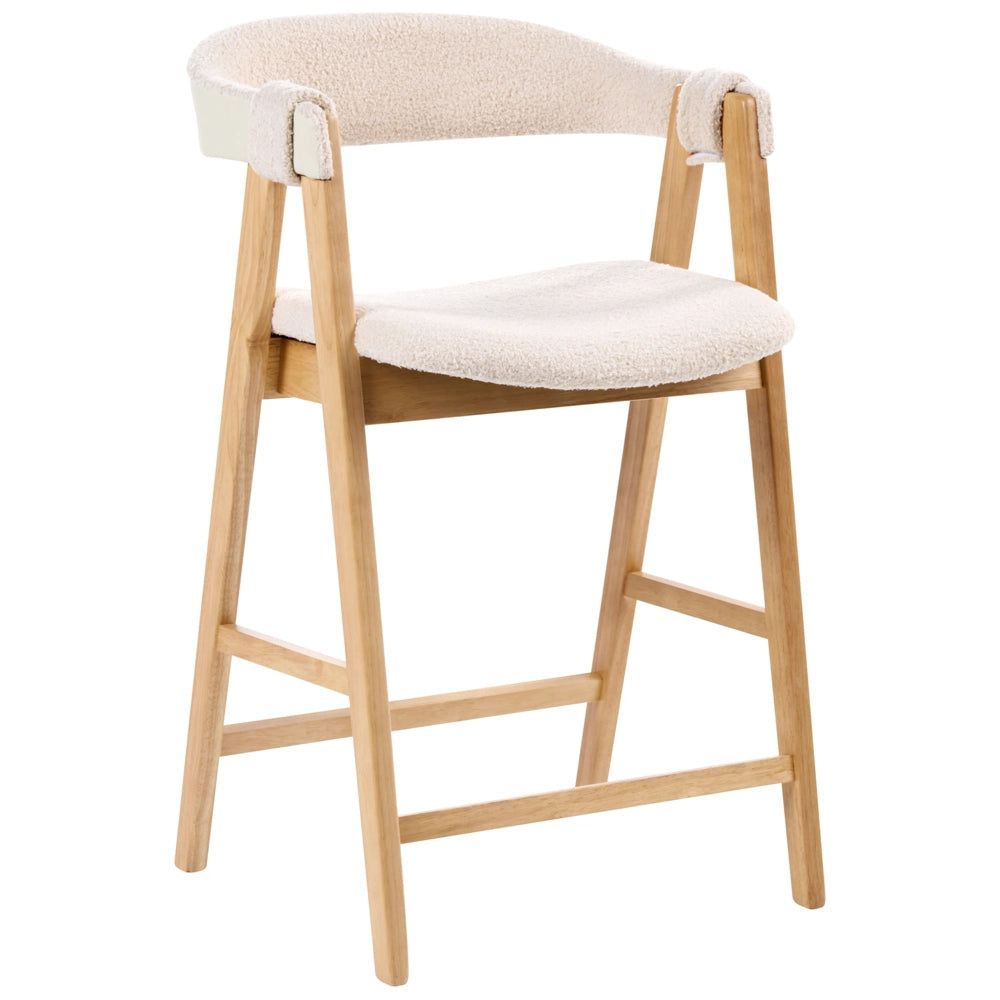 Sedie da bar in tessuto bouclé di poliestere marrone chiaro e beige con gambe in legno di gomma stile retrò tradizionale