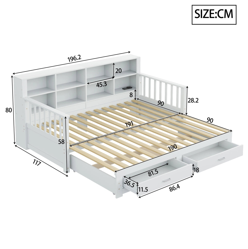 Sofà letto in legno massiccio estraibile 90/180x190 cm con armadietto laterale, presa di corrente, 2 cassetti e rete a doghe, letto multifunzionale in pino bianco