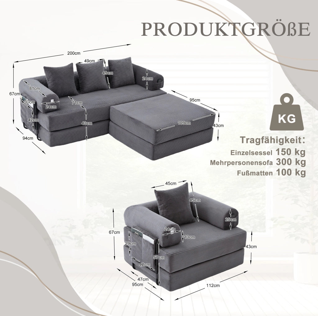 Divano modulare in velluto a coste con poltrona e pouf grigio scuro
