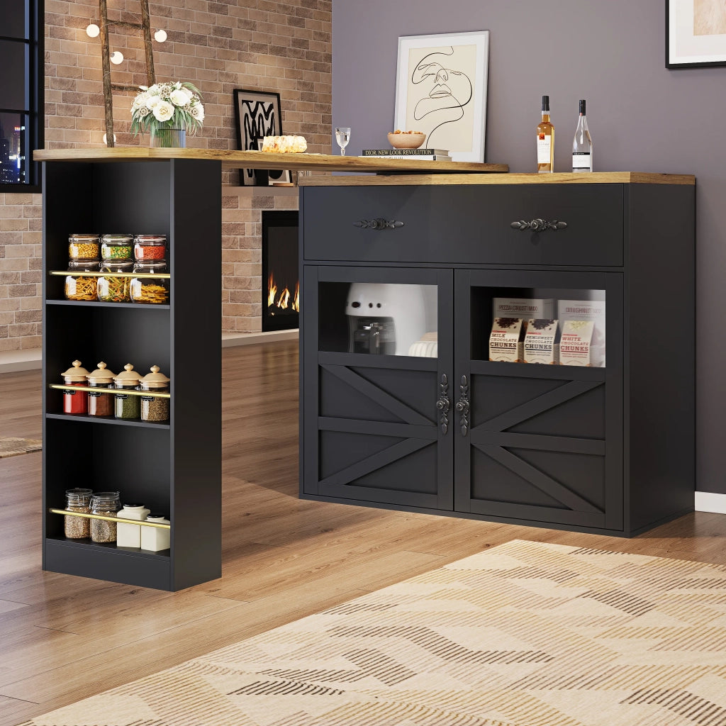Tavolo bar allungabile nero con ripiano girevole a 360° e contenitore, 138-204x39x104 cm