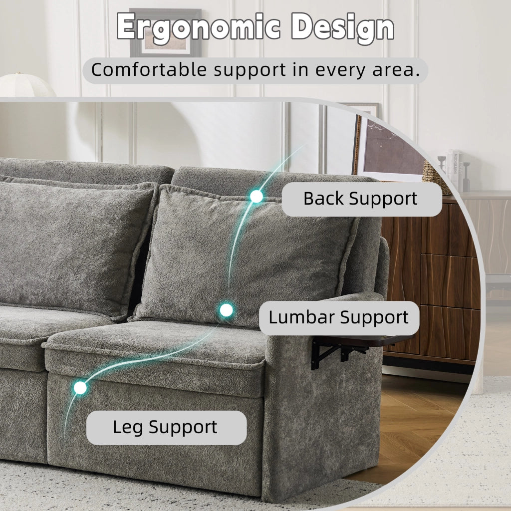 1 Divano letto grigio in chenille 3 in 1 con cuscini, schienale regolabile 5 livelli, USB, contenitore, pieghevole, per casa