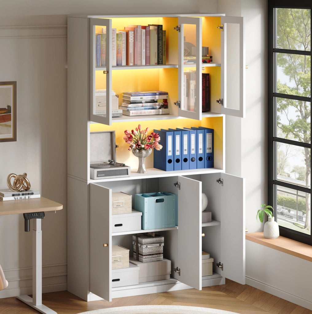 Libreria alta 100x35x200 cm con vetrina in vetro; LED multicolore; 3 ante; MDF bianco