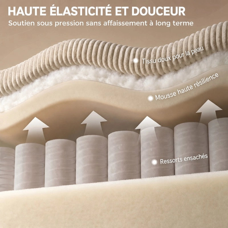 Divano angolare ULEVR 3 posti beige in velluto a coste con pouf contenitore e imbottitura a molle