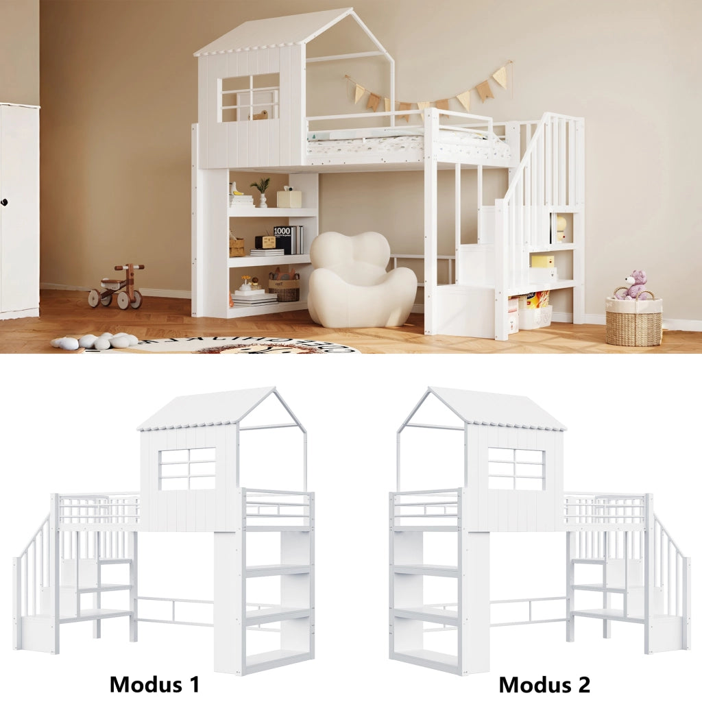 Letto a soppalco singolo 90×200 cm con scala contenitore e ripiani; senza materasso; MDF e metallo; bianco