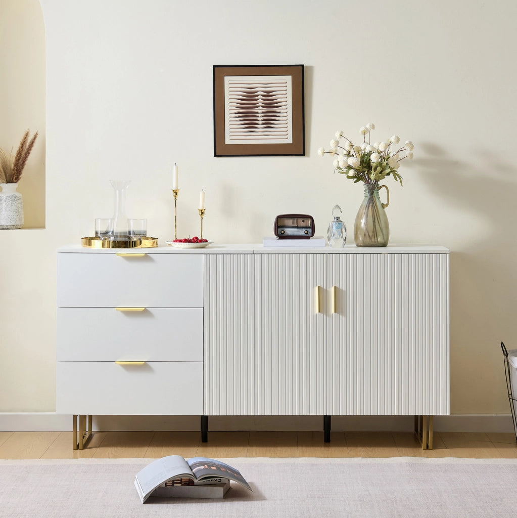 Credenza ULEVR 160x40x81,5 cm con 2 ante e 3 cassetti, mobile contenitore in MDF bianco con gambe in acciaio