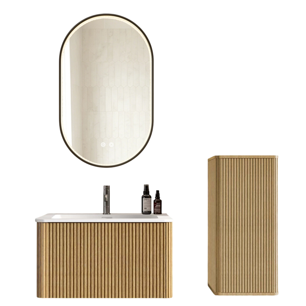 Set mobili bagno sospeso 80 cm con lavabo in pietra sintetica, mobile laterale rovere, specchio LED regolabile con cornice nera
