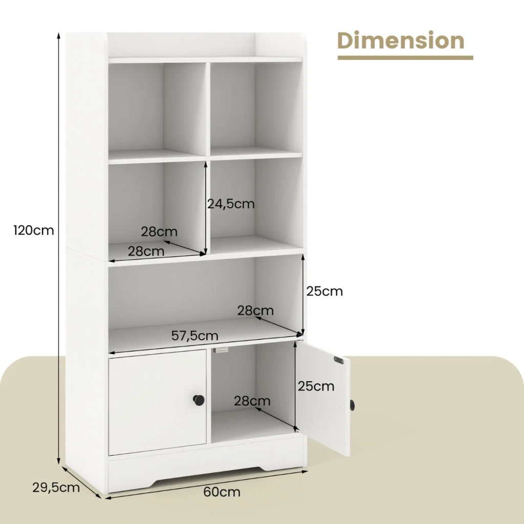 Libreria Autoportante con 5 Vani a Giorno e Mobiletto a 2 Ante, Scaffale Moderno Multiuso Bianco per Casa e Studio, Robusto, 60 x 29 x 120 cm