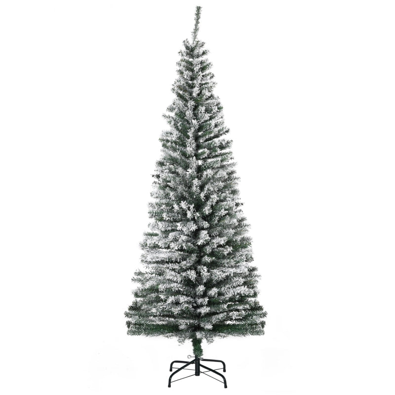 Albero di Natale artificiale innevato slim con base in metallo rami folti in plastica verde a montaggio segmentato