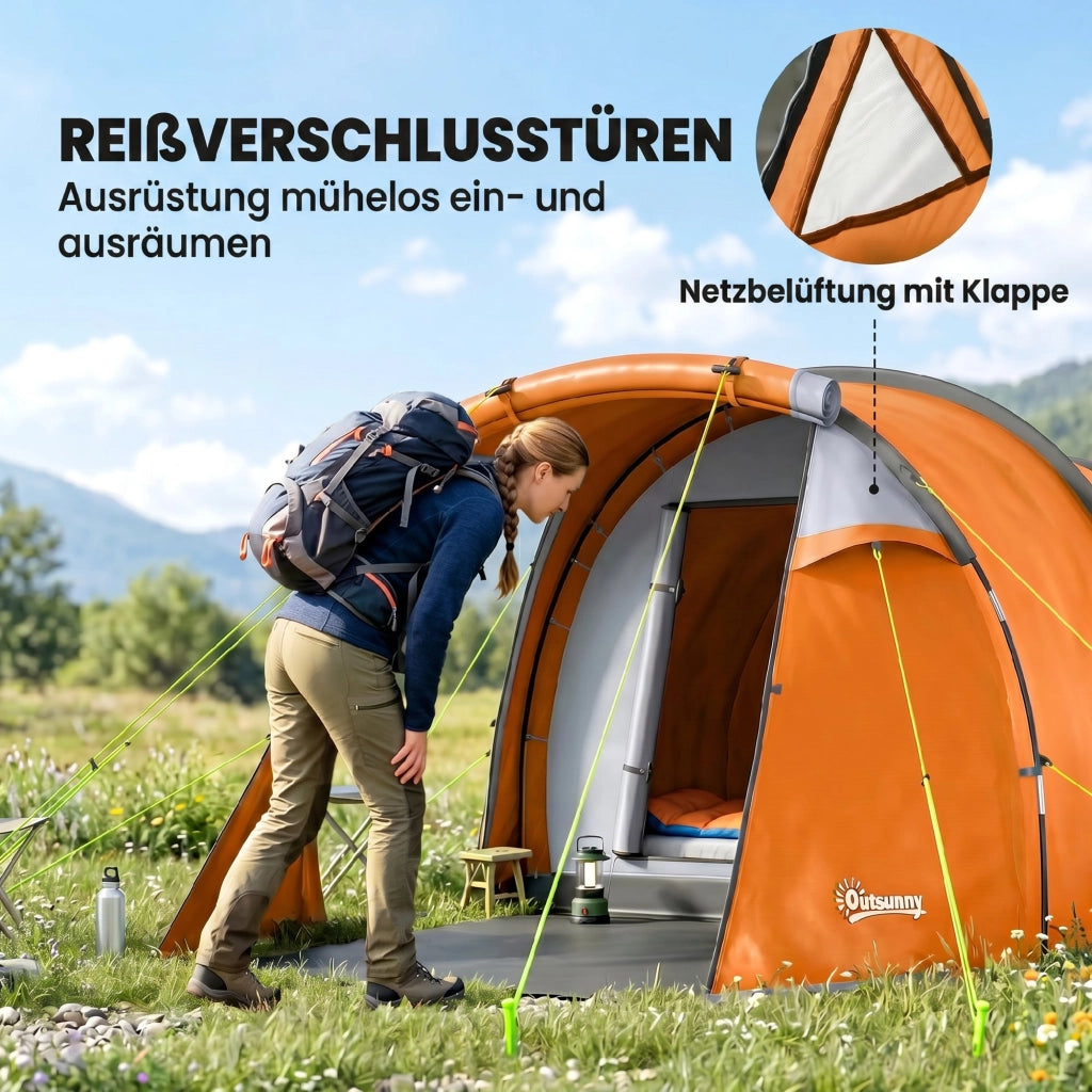 Tenda da campeggio a tunnel per 2 persone con veranda e gancio lampada, impermeabile 2000 mm, arancione