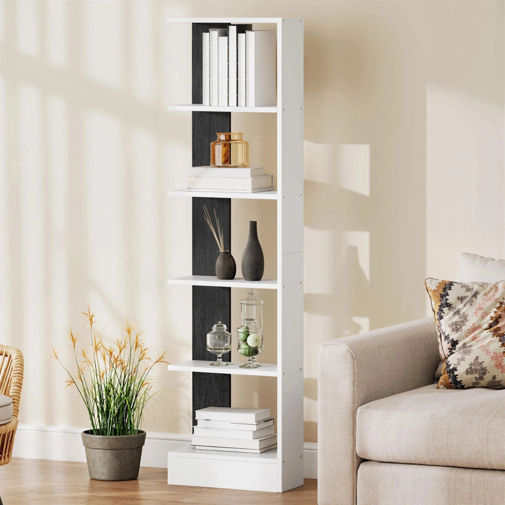 Libreria Moderna Salvaspazio a 5 Ripiani in Legno 45x21x170 cm, Bianco e Nero