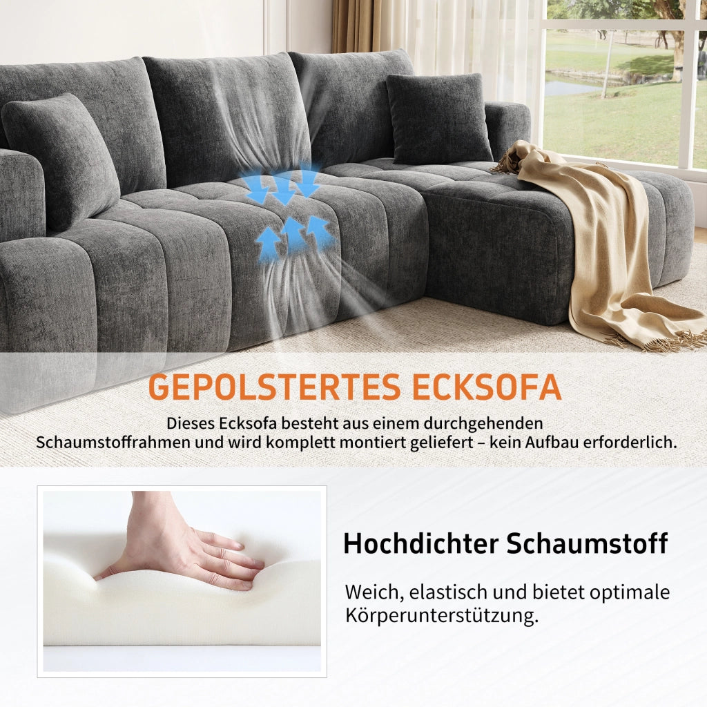 Divano angolare modulare a L in chenille grigio; 244;5x136x79 cm; senza montaggio